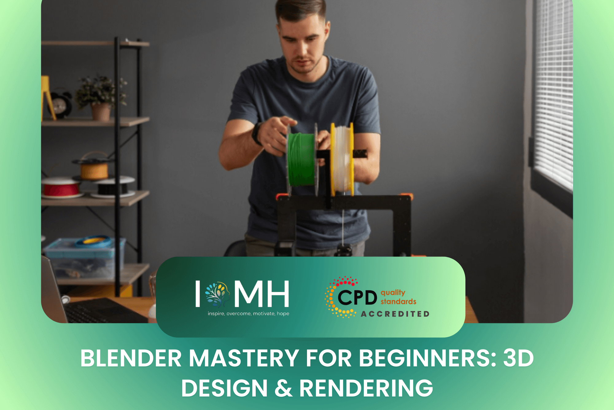 3D artist preparing filament spools for a rendering and design project in Blender.