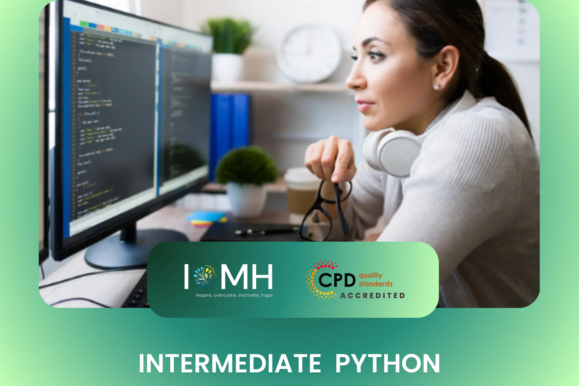 focused female developer with headphones around her neck, deeply analyzing complex code structures on two large monitors.