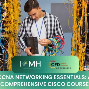 A technician in a server room holding a network switch and a bundle of colorful ethernet cables.