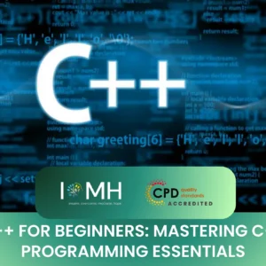 A large, glowing "C++" logo superimposed over a dark background filled with complex backend programming code.