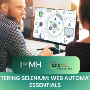 A bearded developer showing a colleague a web automation flowchart on a monitor for a Selenium testing project.