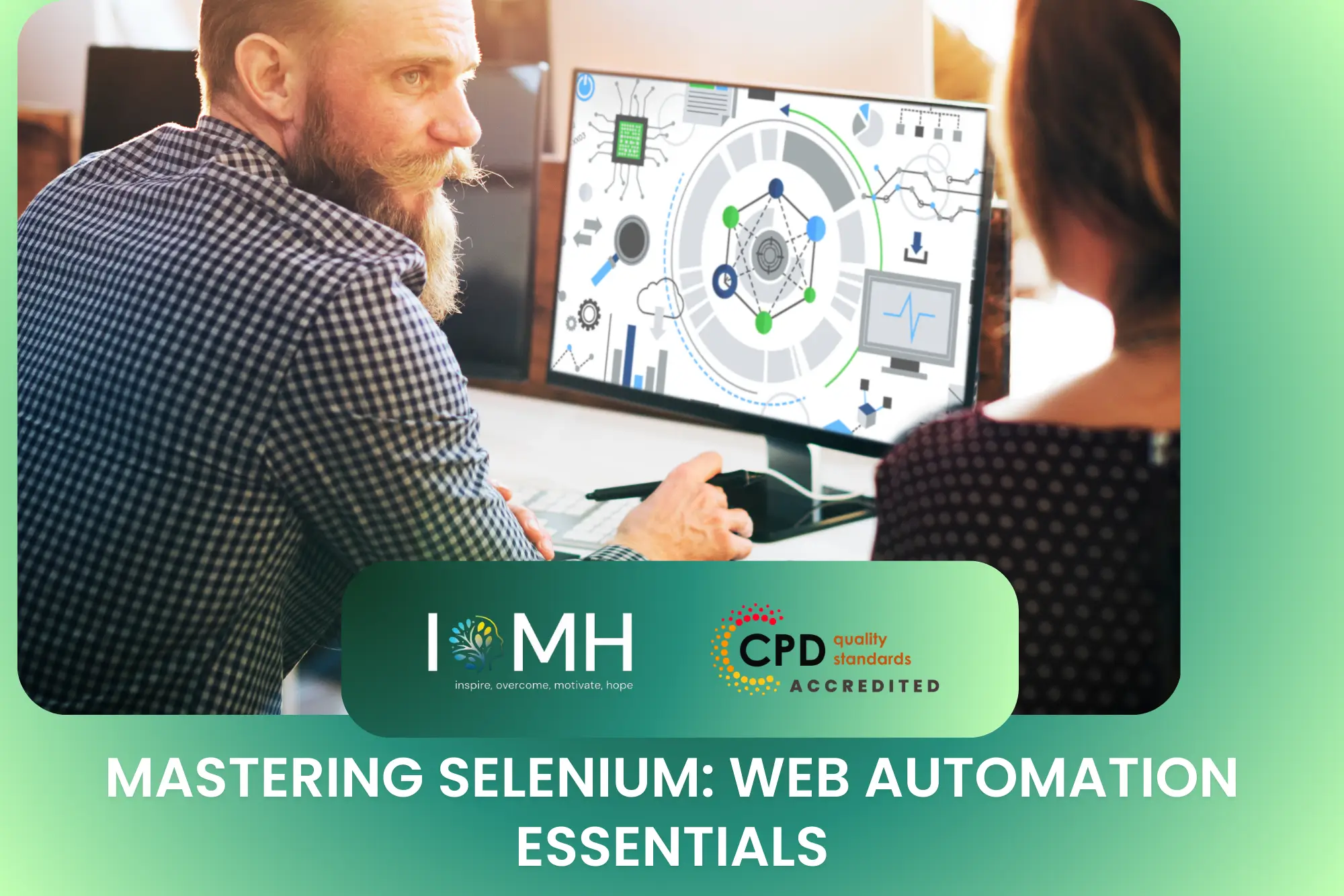 A bearded developer showing a colleague a web automation flowchart on a monitor for a Selenium testing project.