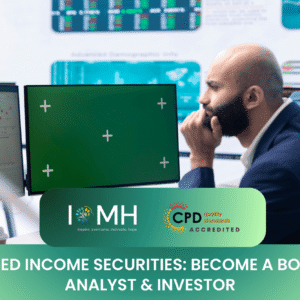 Financial analyst reviewing market data for "Fixed Income Securities: Become a Bond Analyst & Investor" with CPD logo.