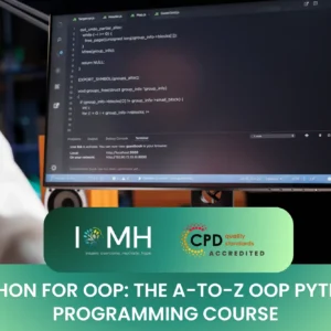 Desktop monitor displaying advanced object-oriented code for "Python for OOP: The A-to-Z OOP Python Programming Course" by IOMH.