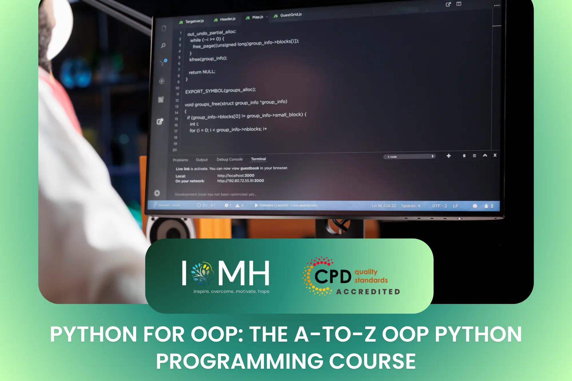 Desktop monitor displaying advanced object-oriented code for "Python for OOP: The A-to-Z OOP Python Programming Course" by IOMH.