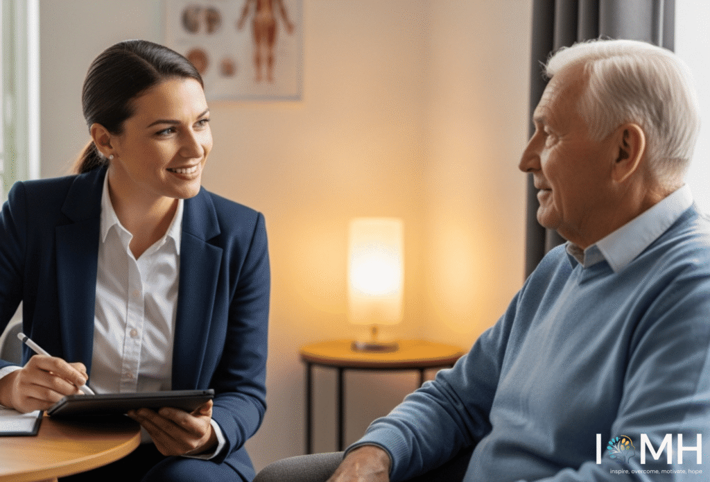 Care coordinator discussing personalised care plan with elderly patient in health and social care setting
