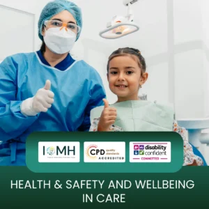 Health and safety in care banner featuring a young child and a healthcare professional in clinical scrubs, both giving a thumbs-up in a dental or medical setting.