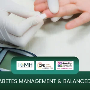 A healthcare worker in gloves performing a blood glucose test on a patient's finger, focused on diabetes management