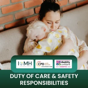 Duty of care training banner featuring a mother or caregiver holding a young child close, symbolizing safety, protection, and responsibility in caregiving.