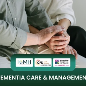 Dementia care and management training banner featuring two people sitting together with one person gently holding the other's hand to symbolize support and compassionate care.