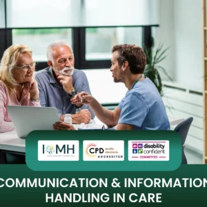 Communication and information handling in care banner featuring a healthcare professional in blue scrubs discussing information with an elderly couple at a desk with a laptop.