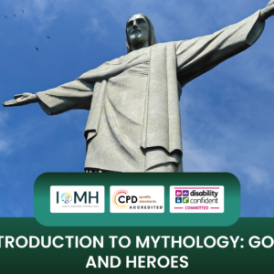 Introduction to mythology course banner featuring the iconic Christ the Redeemer statue in Rio de Janeiro against a clear blue sky, symbolizing themes of gods and heroes.