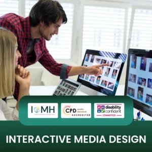 Interactive media design training banner featuring a male and female designer working together to review and organize digital image assets on a professional computer monitor.