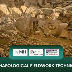 Archaeological fieldwork techniques banner featuring an aerial view of the Göbekli Tepe excavation site with its characteristic T-shaped limestone pillars and ancient stone structures.