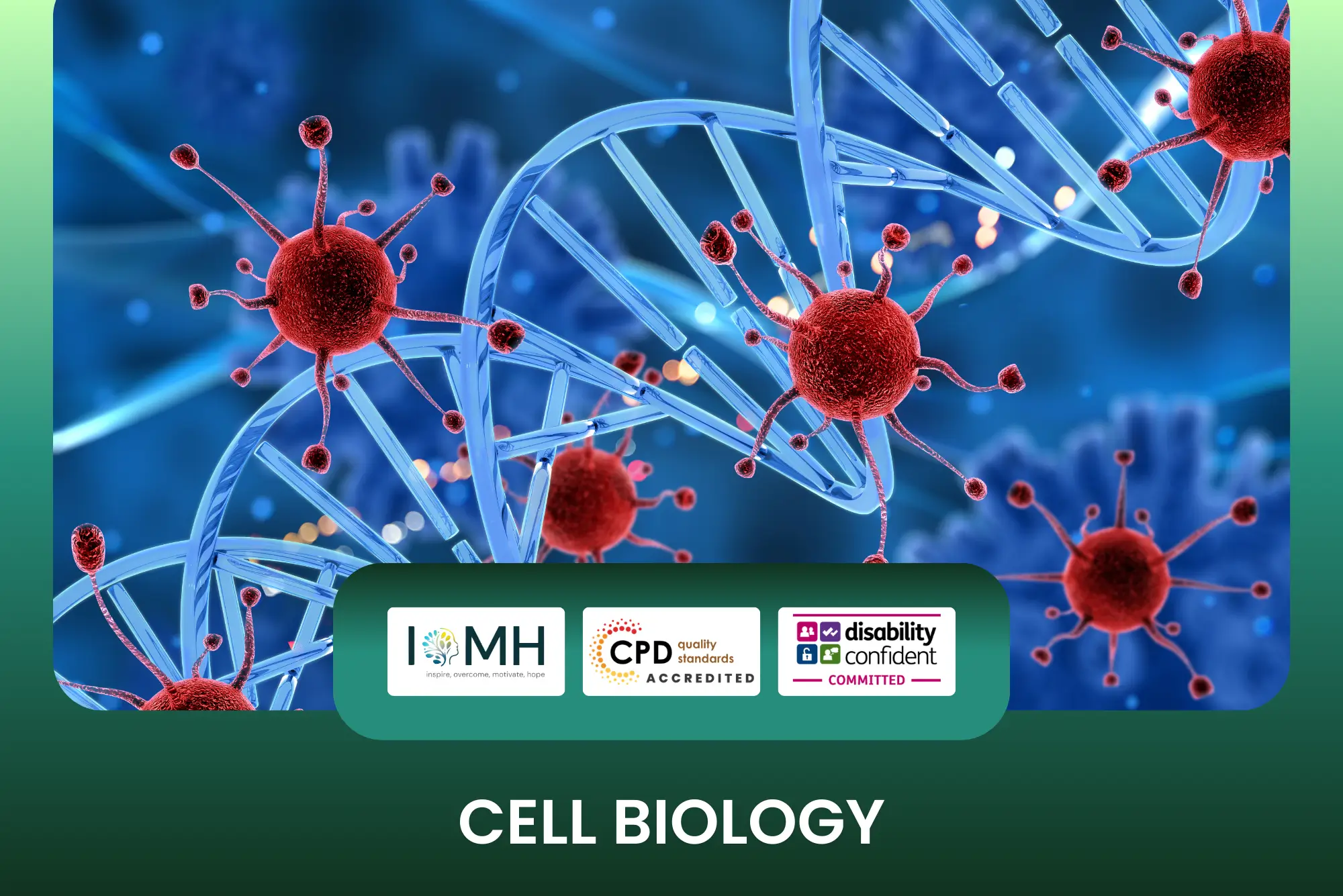Cell biology training banner featuring a 3D medical illustration of red virus-like cells interacting with a blue glowing DNA double helix structure, symbolizing microscopic life sciences.