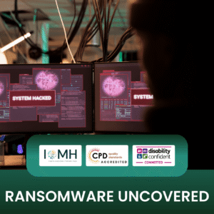 Cybersecurity training banner featuring dual monitors displaying "SYSTEM HACKED" warning messages over global maps and red data code to illustrate ransomware threats.