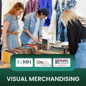 Visual merchandising training banner featuring a group of young professionals browsing and organizing a collection of vintage books at an outdoor market stall.