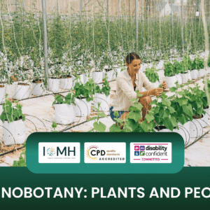 Ethnobotany training banner featuring a woman tending to young cucumber plants in a professional greenhouse, illustrating the relationship between plants and people.