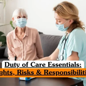 Duty of Care Essentials Rights Risks and Responsibilities course banner with healthcare professional in scrubs and stethoscope consulting older individual in face mask at home care setting with plants and shelves in background.