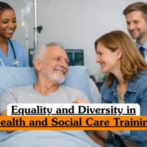 Equality and Diversity in Health and Social Care Training course banner with older patient smiling in hospital bed interacting with younger visitor while healthcare professionals in blue scrubs and white coat with stethoscope stand nearby supportive compassionate clinical environment.