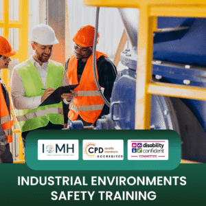 Industrial environments safety training banner featuring three workers in hard hats and high-visibility vests reviewing safety protocols on a clipboard near heavy machinery.