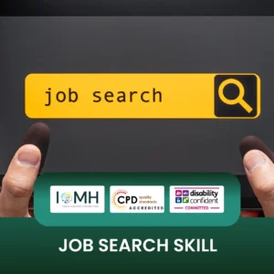 Job search skills training banner featuring a close-up of a user's hands holding a tablet with a prominent yellow "job search" search bar and magnifying glass icon.