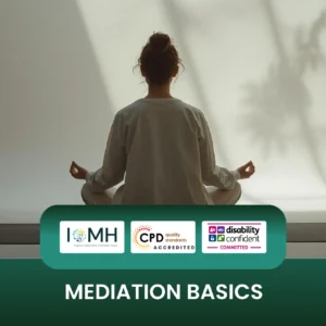 Mediation basics training banner featuring a woman sitting in a meditative pose on a yoga mat in a bright, minimalist studio with palm tree shadows on the wall.