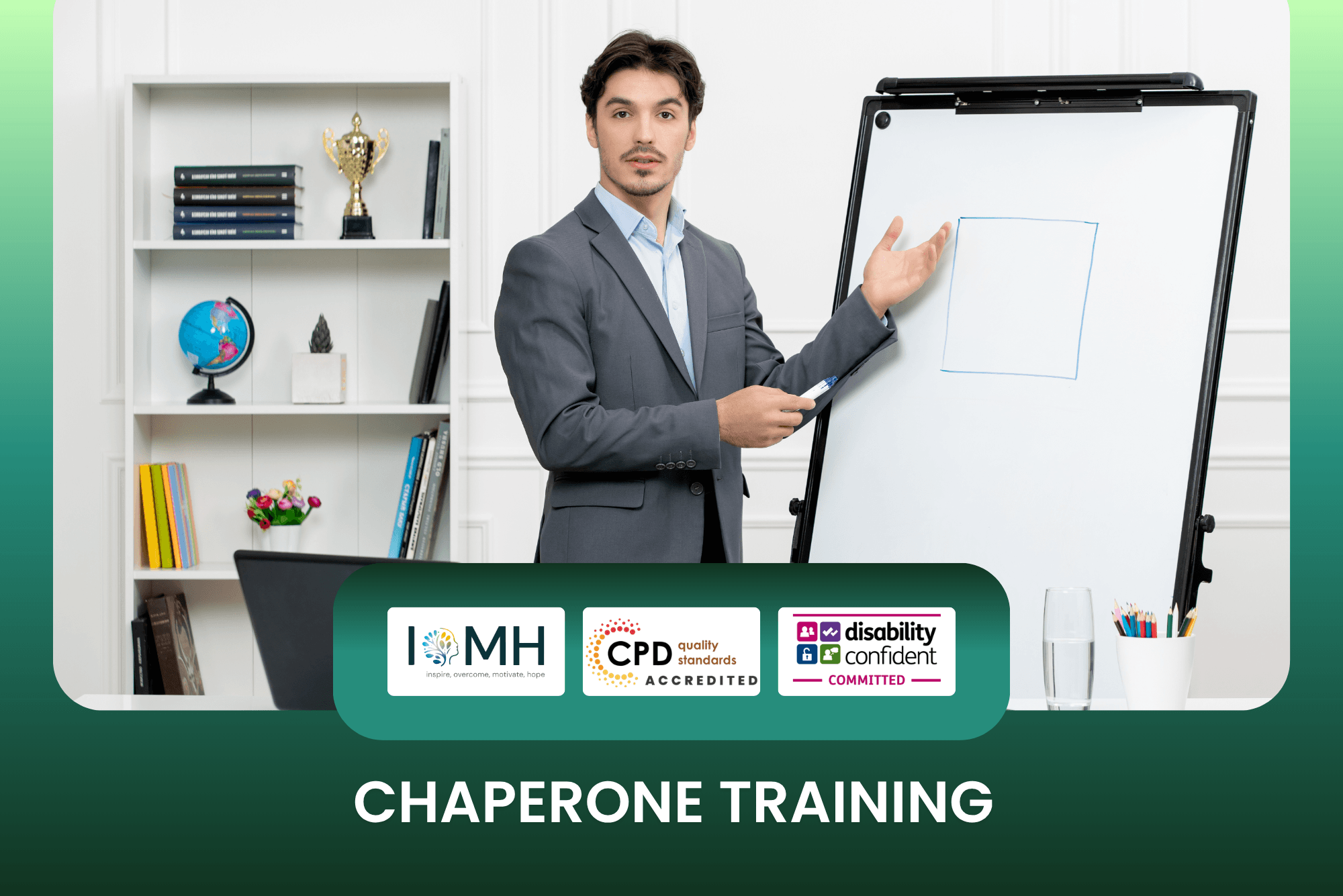 Chaperone training banner featuring a professional instructor in a grey suit pointing toward a whiteboard in a clean office or classroom environment.