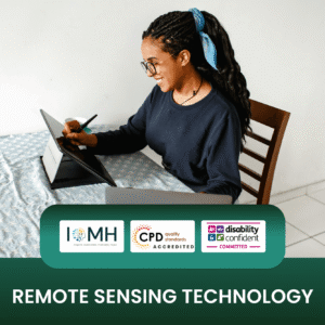 Remote sensing technology training banner featuring a woman with braided hair and glasses smiling while using a stylus to work on a digital tablet at a desk.