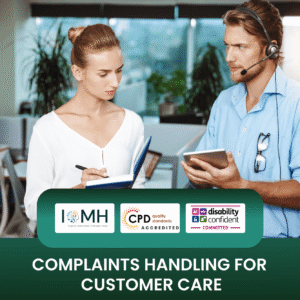 Complaints handling for customer care training banner featuring a male customer service representative with a headset and tablet discussing information with a female colleague holding a notebook.