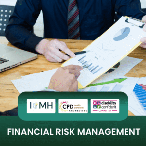 Financial risk management training banner featuring a professional in a suit pointing to data charts and pie graphs on a yellow clipboard next to a laptop.