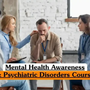 Mental Health Awareness and Psychiatric Disorders Course banner with group of five individuals seated in circle during support session one person thoughtful posture another offering supportive shoulder touch casual open environment with white brick wall and large windows.