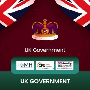 UK Government training banner featuring a central illustration of the British Royal Crown set against a background of the Union Jack flag with a deep red and green color scheme.