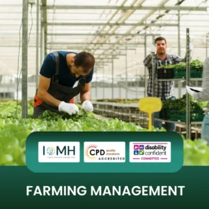 Farming management training banner featuring agricultural workers in a large commercial greenhouse tending to rows of vibrant green lettuce crops.