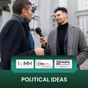 Political ideas training banner featuring a young male journalist in a grey checkered coat holding a microphone while conducting an outdoor interview with a man in a dark coat.