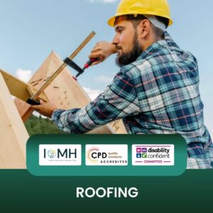 Professional roofing training banner featuring a construction worker in a yellow hard hat and plaid shirt using a metal clamp to secure wooden timber beams on a building frame under a clear blue sky.