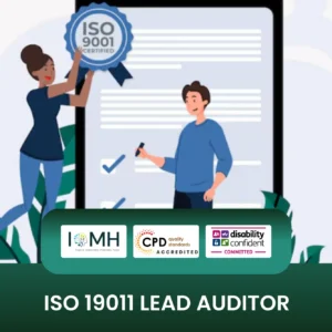 ISO 19011 Lead Auditor training banner featuring a flat vector illustration of two professionals marking a checklist on a large digital screen with a blue "ISO 9001 Certified" seal.