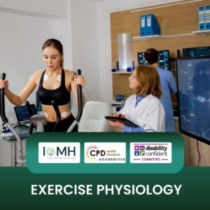 Exercise physiology training banner featuring a woman in athletic wear performing a stress test on an elliptical machine while a female clinician in a white lab coat monitors her vital signs on a digital screen.