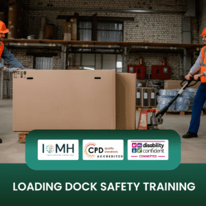 Loading dock safety training banner featuring warehouse workers in orange hard hats and high-visibility vests using a pallet jack to safely move a large crate in a distribution center.