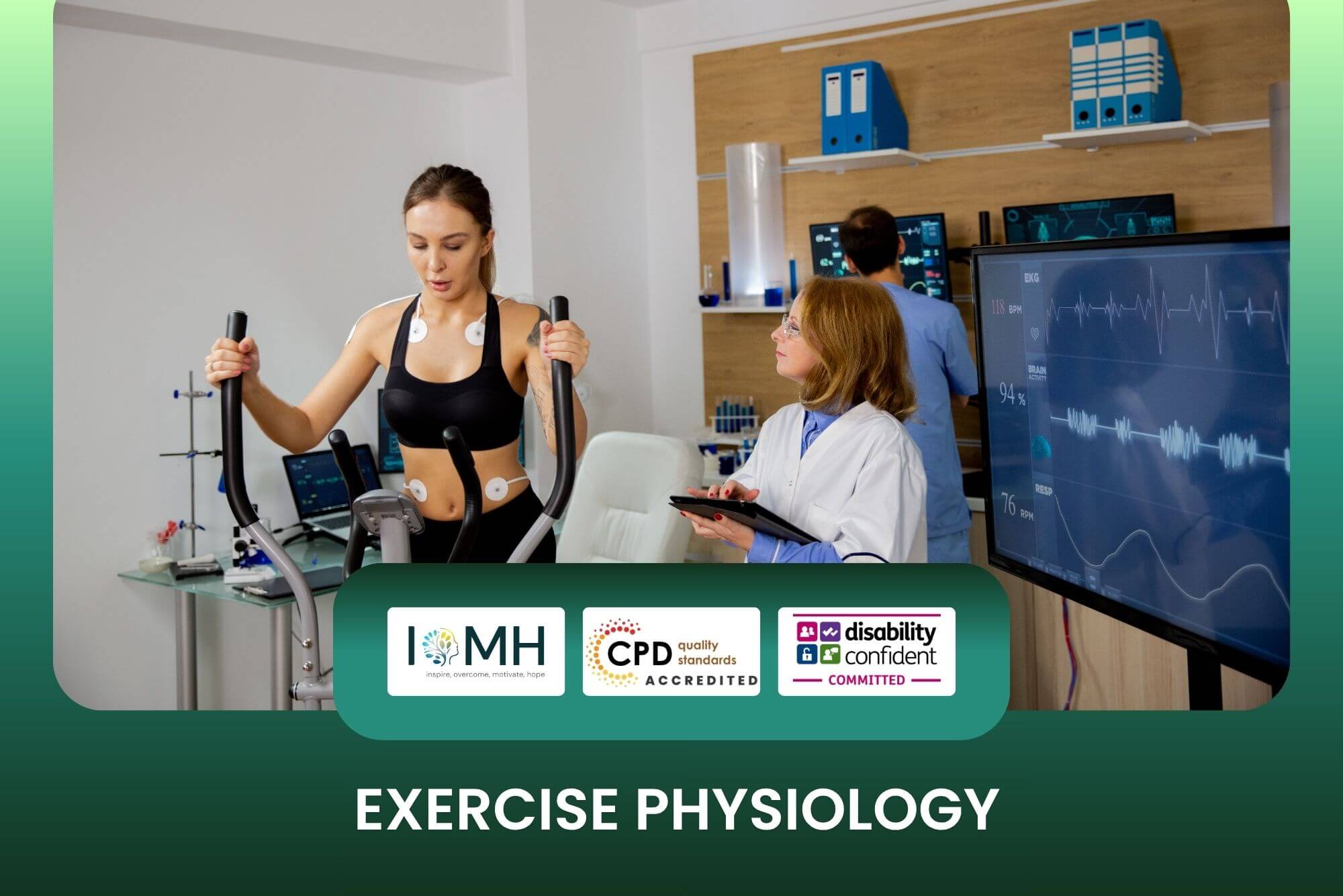 Exercise physiology training banner featuring a woman in athletic wear performing a stress test on an elliptical machine while a female clinician in a white lab coat monitors her vital signs on a digital screen.