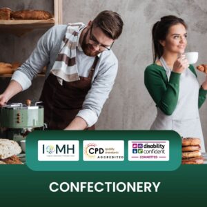 Professional confectionery training banner featuring a male baker in a brown apron operating an espresso machine while a female colleague in a grey apron enjoys a fresh croissant and coffee in a modern bakery.