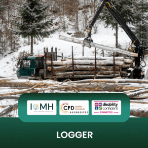 Professional logger training banner featuring a heavy-duty logging truck equipped with a hydraulic crane loading timber logs in a snowy forest environment.