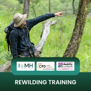 Rewilding training banner featuring a person in a bucket hat and flannel shirt with a backpack, sitting on a fallen tree and pointing toward a lush green forest landscape.c