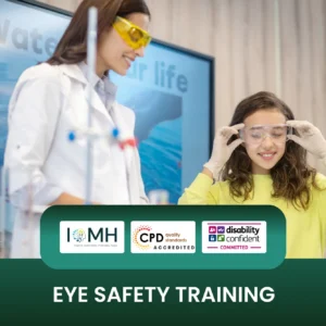 Eye safety training banner featuring a female laboratory instructor in a white coat and yellow safety glasses guiding a young student on how to properly wear clear protective goggles in a science classroom.
