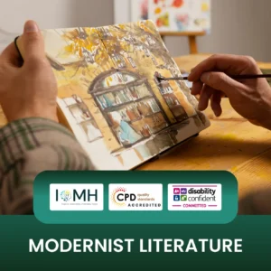Modernist literature course banner featuring a close-up of an artist's hands painting a detailed architectural sketch in a notebook using watercolors and a fine brush.