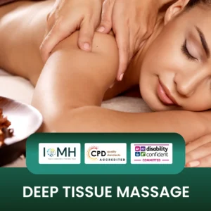 Deep tissue massage training banner featuring a professional therapist applying pressure to a client's shoulder during a treatment session in a spa or clinical environment.