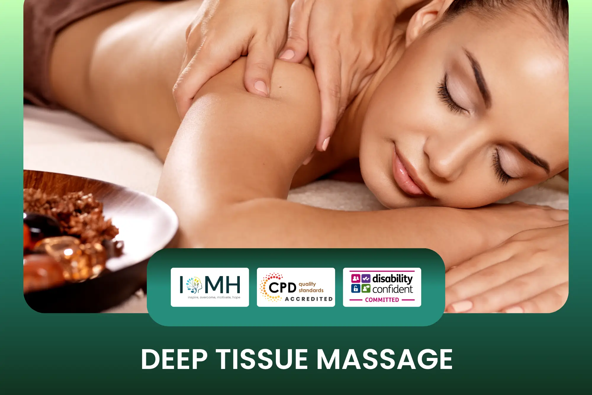 Deep tissue massage training banner featuring a professional therapist applying pressure to a client's shoulder during a treatment session in a spa or clinical environment.