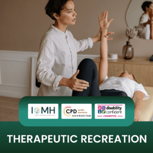 Therapeutic recreation training banner featuring a specialist assisting a client with mobility exercises on a massage table to improve physical wellbeing.