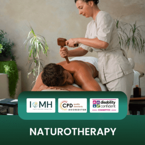 Naturotherapy training banner featuring a therapist in light-colored scrubs using a specialized wooden massage tool on a client's back in a serene, plant-filled wellness setting.