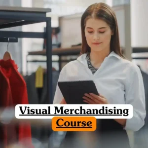 Visual Merchandising Course banner with person standing in retail store holding tablet reviewing information in front of clothing racks with red garments and apparel items in fashion retail environment.